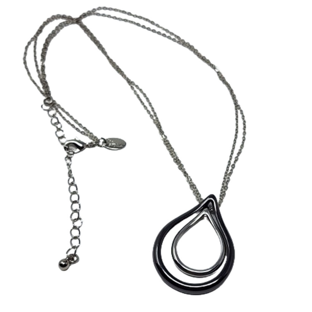 Lia Sophia Double Chain Necklace w/ Tear Drop Pendant - Black and Silver 16-19"
